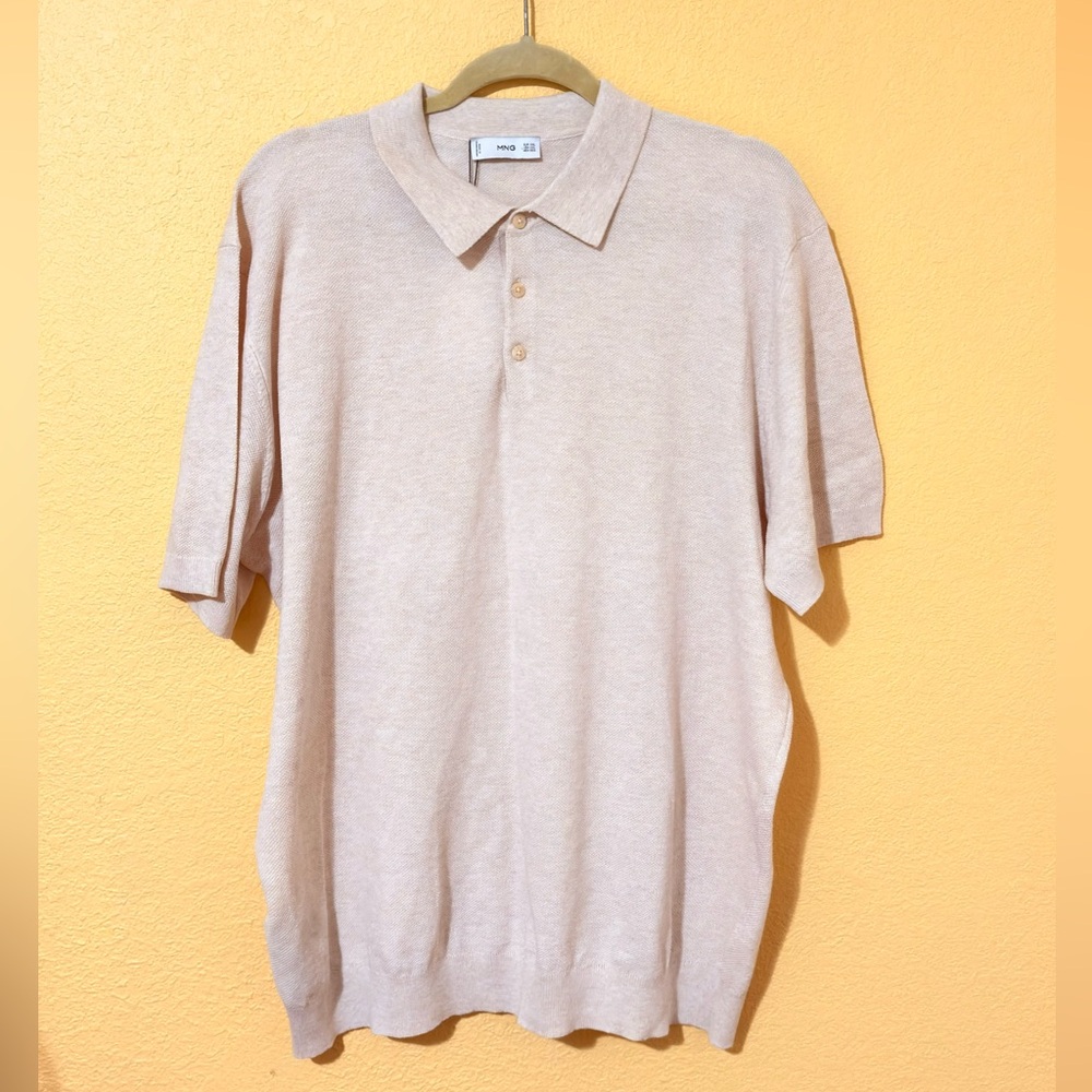 MNG Mango Man Polo Shirt Beige Knit Short Sleeve XXL Cotton blend NWT